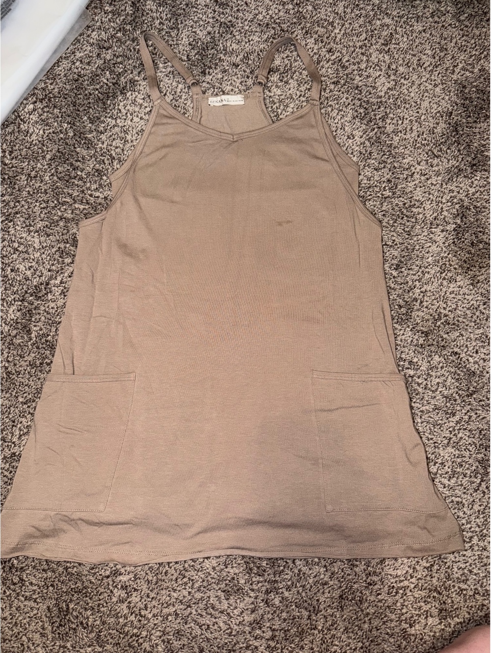 Zenana Medium Brown Cotton Spandex Romper Dress with Pockets 0002